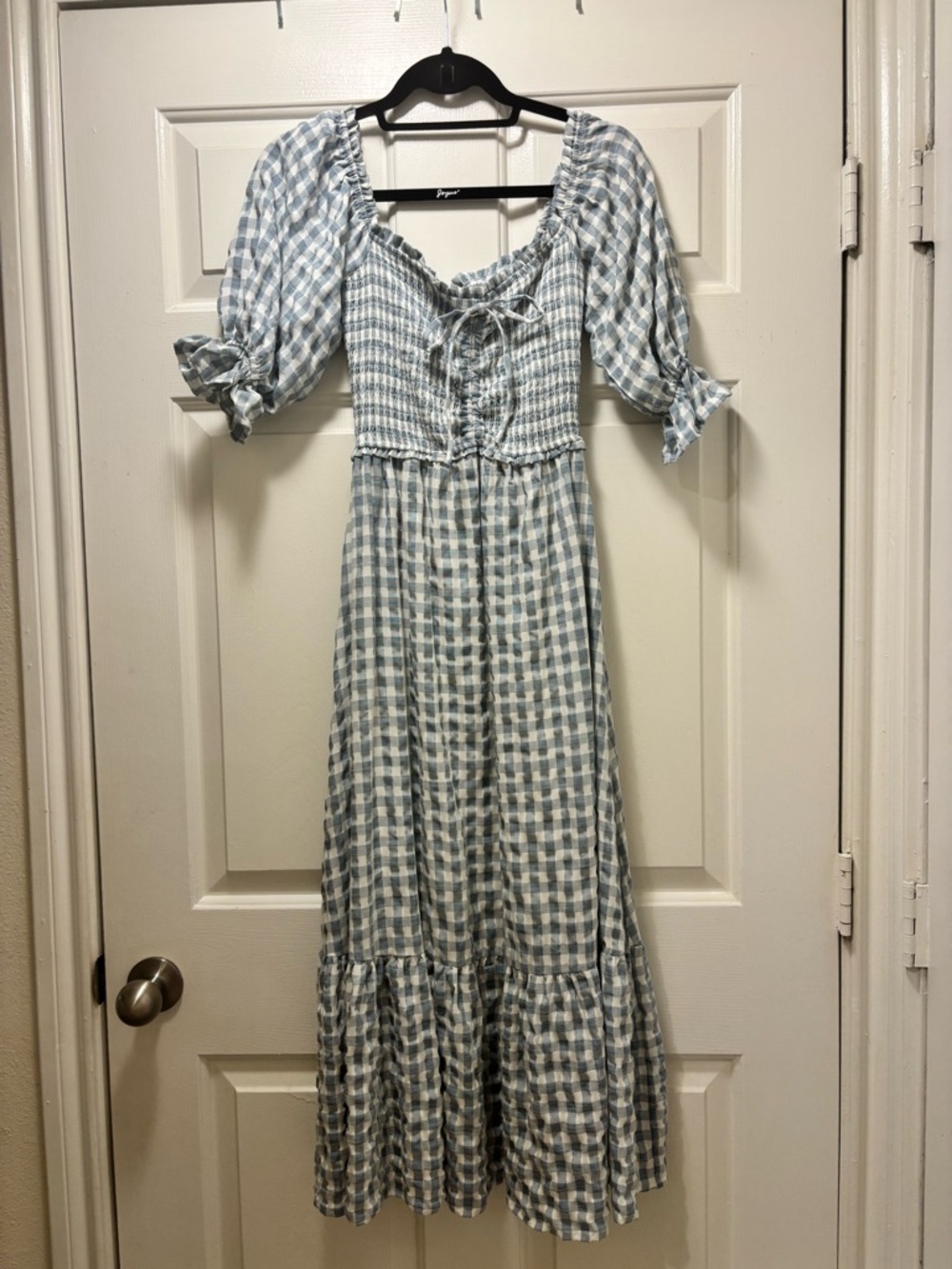 Gingham Smocked Maxi Dress with Puff Sleeves - Light Blue